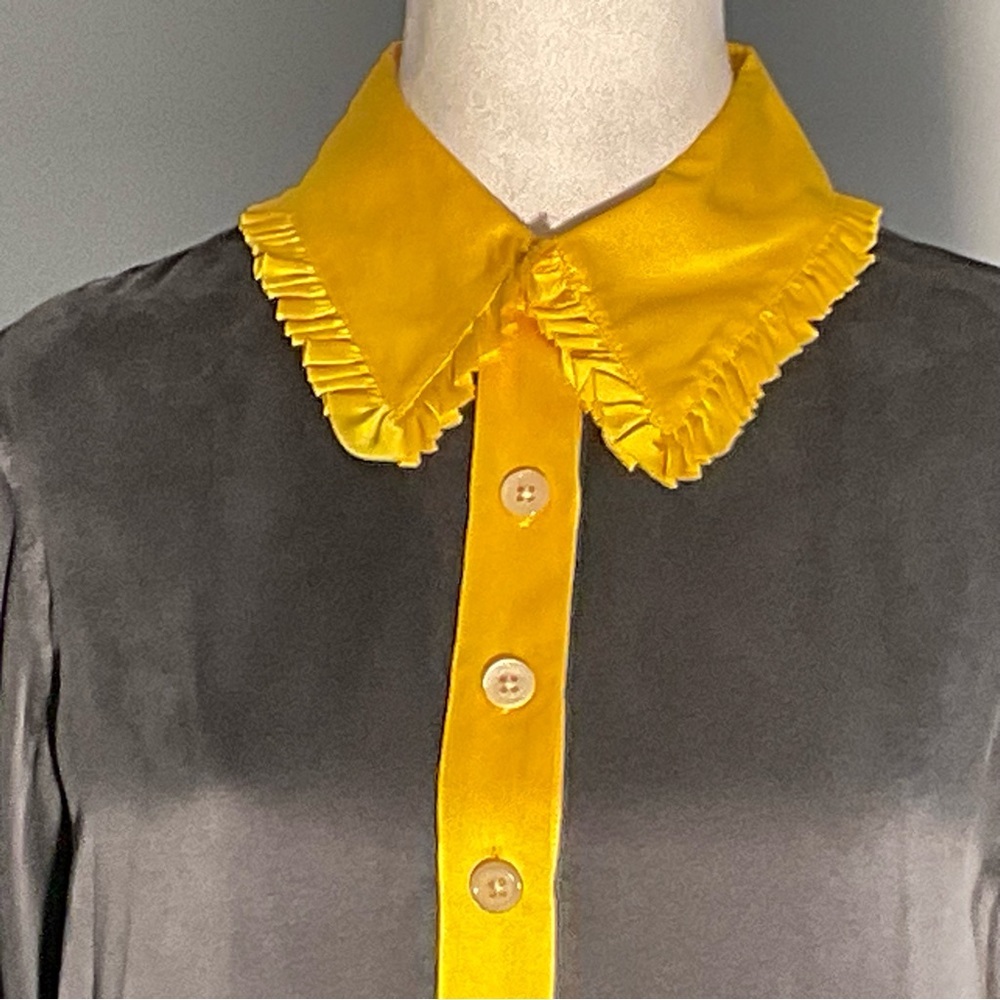 NWT Bill Blass 100% Silk Navy Shift Dress w/ Yellow Ruffle Collar – Size S - Picture 6 of 16